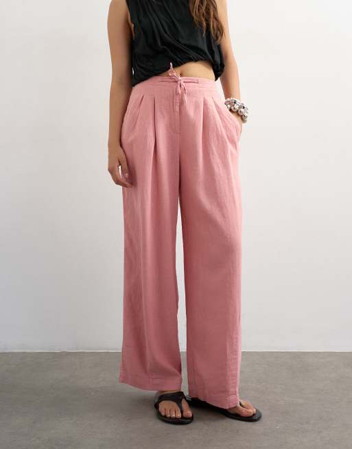 Topshop - Pantalon bouffant en lin à liens à la taille - Rose clair, 3 de 5