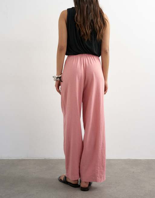 Topshop - Pantalon bouffant en lin à liens à la taille - Rose clair, 4 de 5
