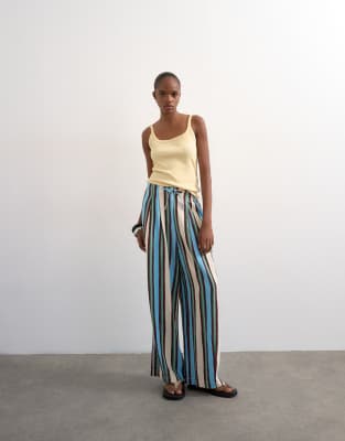 Pantalon bouffant en lin noué à la taille - Rayures variées-Bleu 44