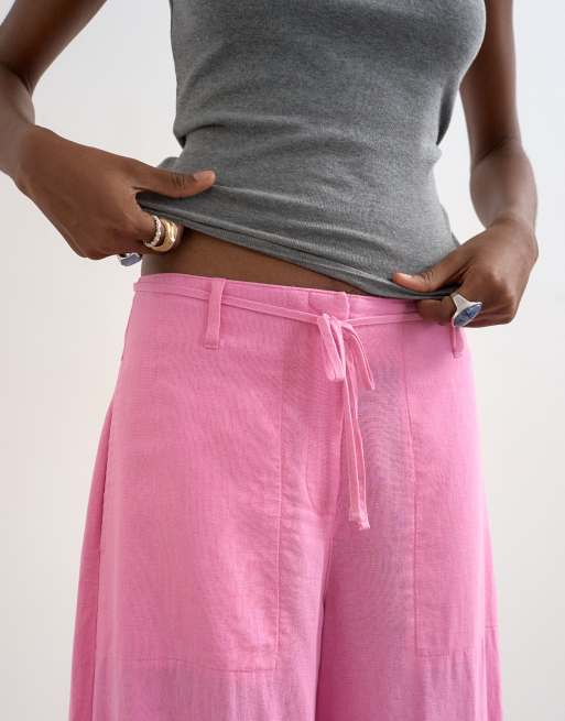 Topshop - Pantalon bouffant épuré avec lin et liens à la taille - Rose, 2 de 5