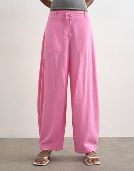 Topshop - Pantalon bouffant épuré avec lin et liens à la taille - Rose, 4 de 5