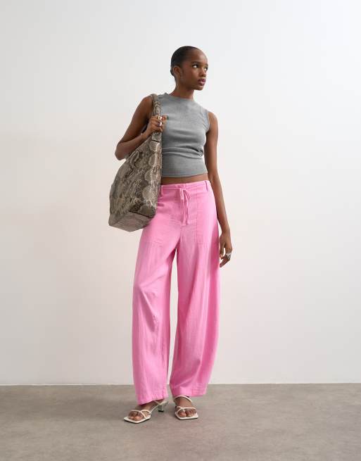 Topshop - Pantalon bouffant épuré avec lin et liens à la taille - Rose, 5 de 5