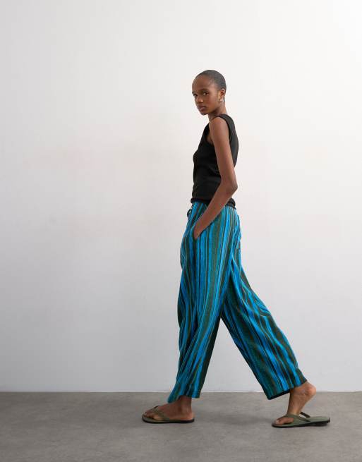 Topshop - Pantalon bouffant épuré noué à la taille en lin rayé - Bleu, 5 de 5