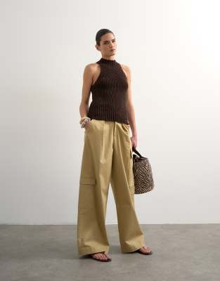 Pantalon cargo épuré coupe trapèze ample avec liens noués à la taille - Beige-Blanc 32