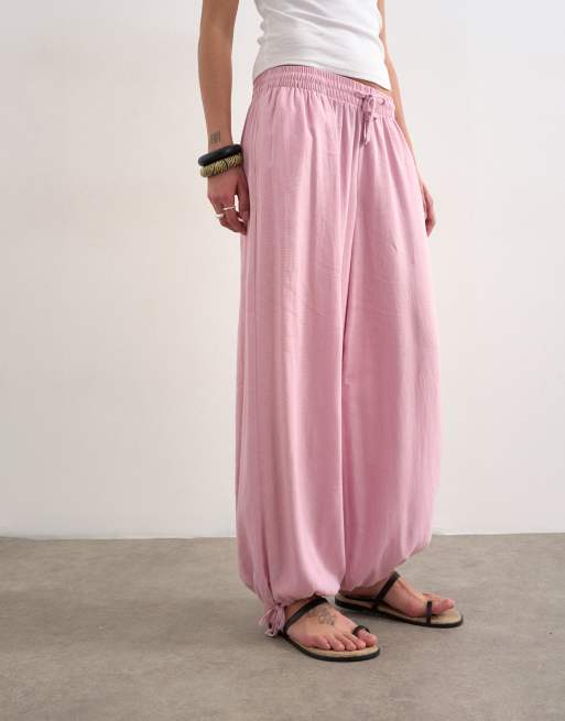 Topshop - Pantalon coupe ballon en lin à taille élastique - Rose, 5 de 5