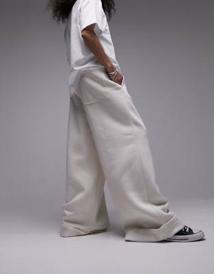 Topshop premium wide leg turn back hem jogger in ecru - ASOS Price Checker