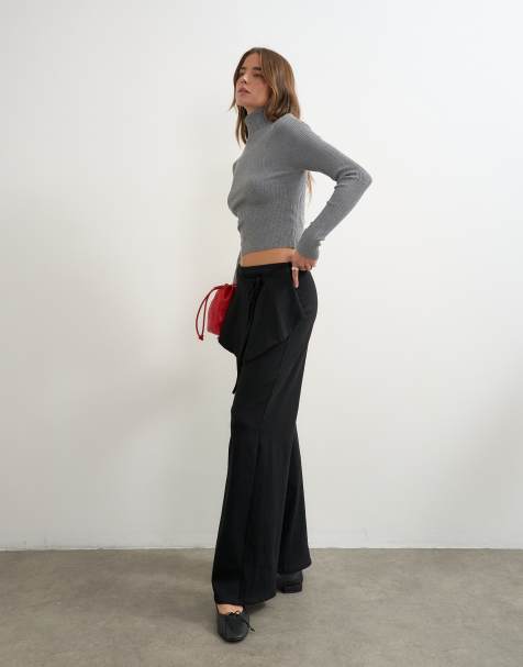 Topshop - pantalón de pernera ancha con detalle de lazo y cintura doblada en negro - view 1