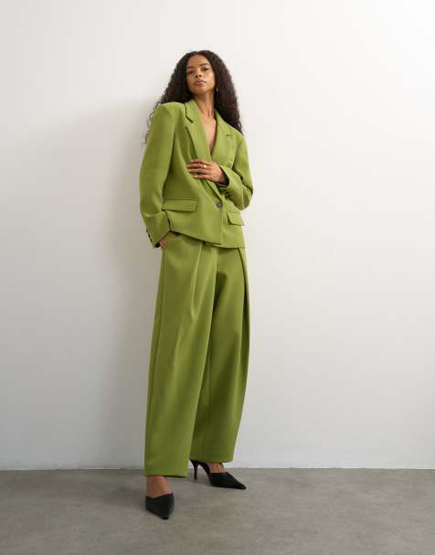 Topshop - pantalón de pernera ancha con pliegue delantero en verde oscuro - view 1
