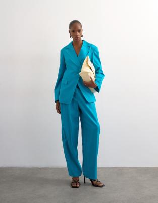 Pantalon d'ensemble ample et habillé en lin mélangé - Turquoise-Bleu 38