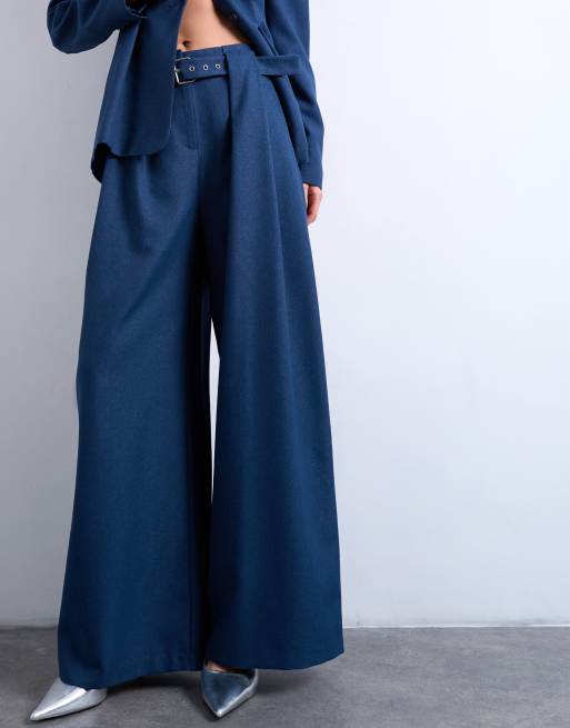 Topshop - Pantalon d'ensemble ceinturé à pinces avec taille haute - Bleu marine, 2 de 5