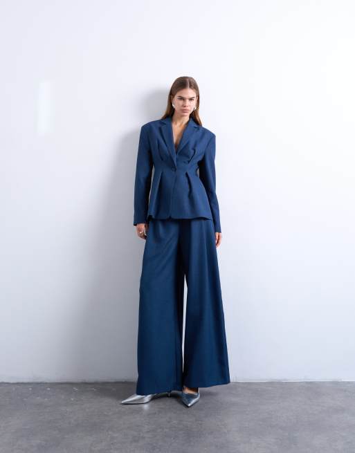 Topshop - Pantalon d'ensemble ceinturé à pinces avec taille haute - Bleu marine, 3 de 5
