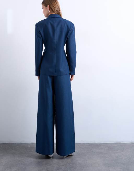 Topshop - Pantalon d'ensemble ceinturé à pinces avec taille haute - Bleu marine, 5 de 5
