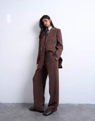 Topshop - Pantalon d'ensemble droit taille mi-haute épuré - Chocolat-Brown