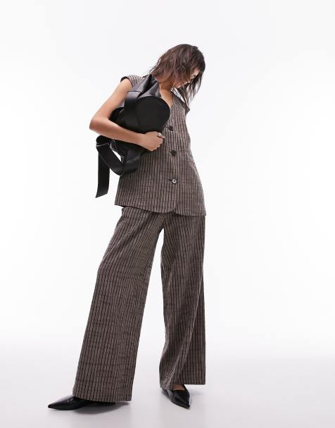 Topshop - Pantalon d'ensemble plissé coupe ample en lin rayé - Marron - view 1