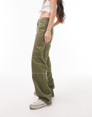 Topshop workwear straight leg trouser with fold over waistband detail in khaki - ASOS Price Checker