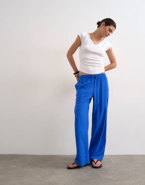 Topshop - Pantalon droit en lin à larges revers - Bleu de cobalt - view 1