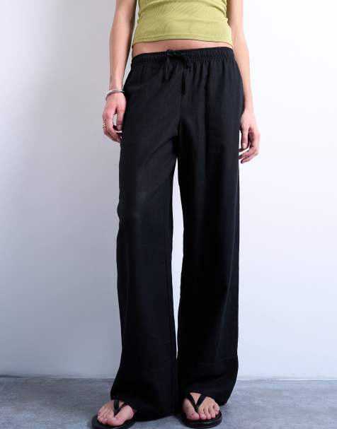 Topshop - Pantalon droit en lin à larges revers - Noir - view 1