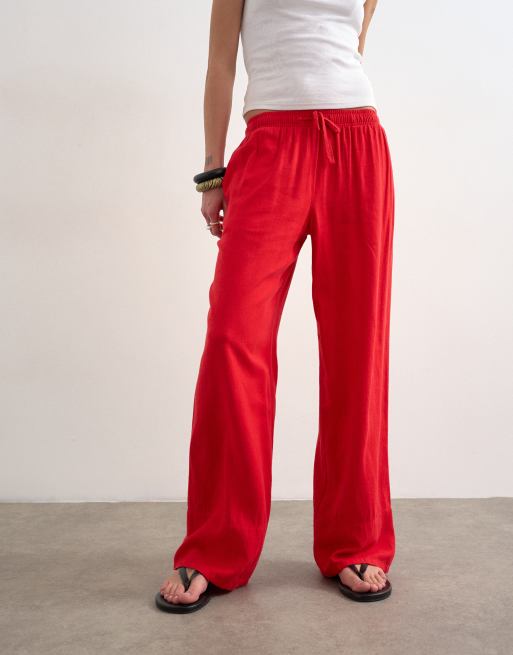 Topshop - Pantalon droit en lin à larges revers - Rouge, 3 de 5