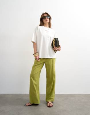 Pantalon droit en lin mélangé à larges revers - Rouge-Vert 46