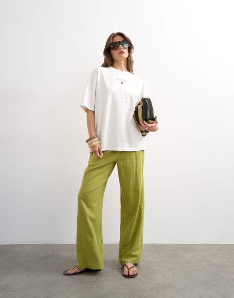 Topshop - Pantalon droit en lin mélangé à larges revers - Rouge - view 1