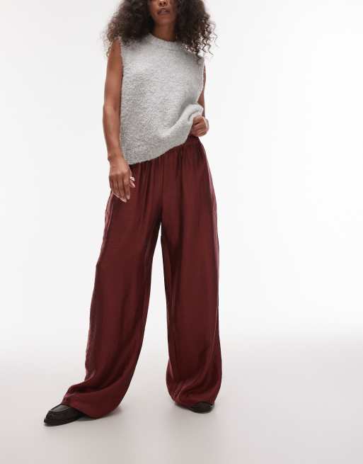 Topshop - Pantalon droit en satin texturé avec cordon de serrage - Bordeaux