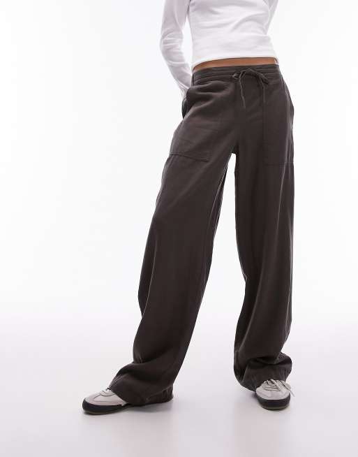 Topshop - Pantalon droit taille basse en lin avec cordon à la taille - Anthracite