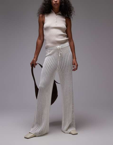 Topshop - Pantalon en maille surpiquée avec empiècements brodés - Crème - view 1