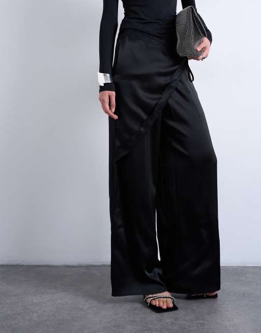 Topshop - Pantalon enveloppant large en satin avec lacets - Noir, 3 de 5