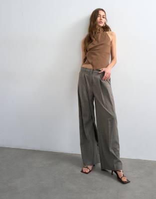 Pantalon habillé à pinces doubles et taille basse avec fourche basse et ourlets bruts - Marron chiné-Brown 40
