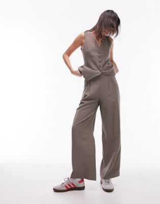 Topshop co-ord high waist button detail soft tailored trouser in mink - ASOS Price Checker