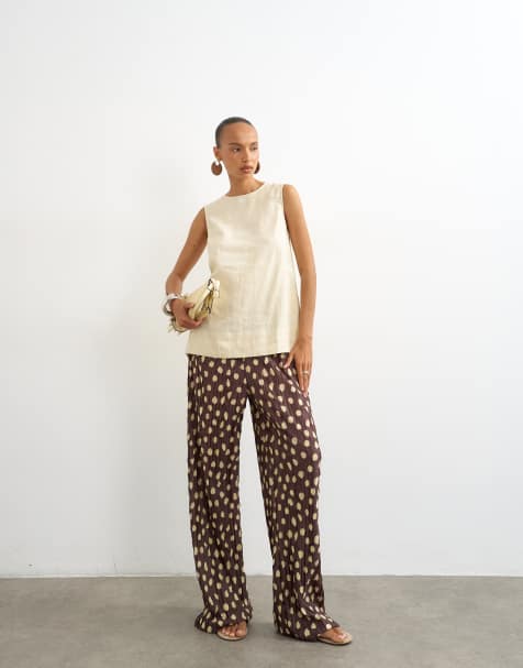 Topshop pantalon large à pois froissé marron - view 1