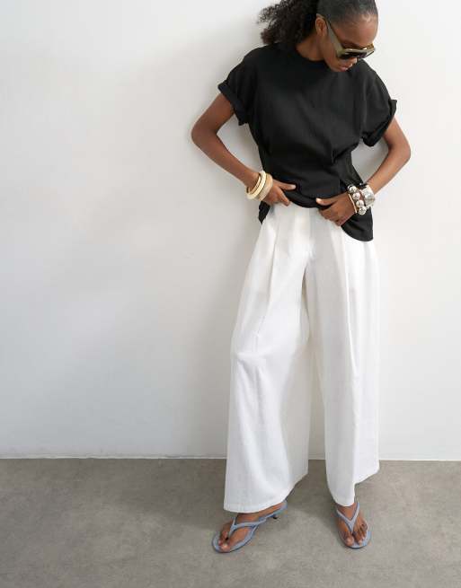 Topshop - Pantalon large coupe trapèze en lin mélangé - Blanc, 2 de 5