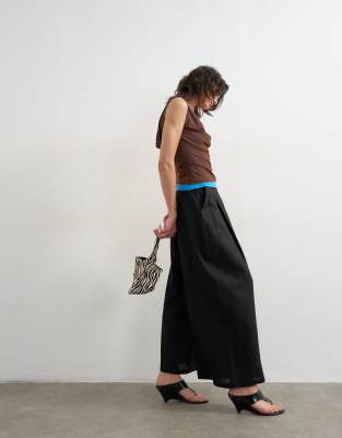 Pantalon large coupe trapèze en lin mélangé - Noir 36