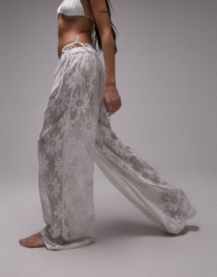 Topshop lace wide leg beach trousers in white - ASOS Price Checker