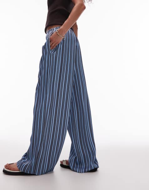 Topshop - Pantalon large d'ensemble en satin rayé à liens à la taille - Marron et bleu - view 1