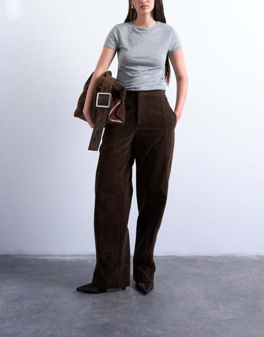 Topshop - Pantalon large en imitation daim à coutures visibles - Marron, 3 de 5