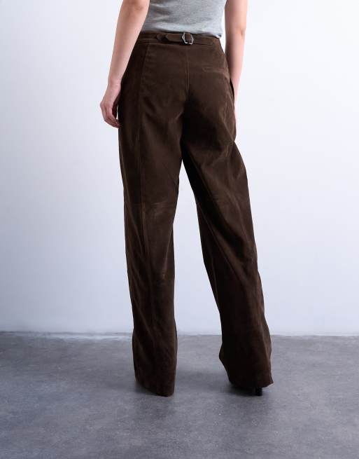 Topshop - Pantalon large en imitation daim à coutures visibles - Marron, 4 de 5