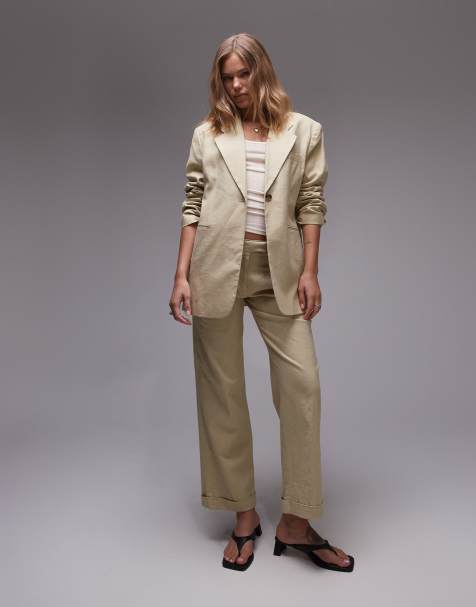 Topshop - Pantalon large en lin à taille basse - Sable - view 1