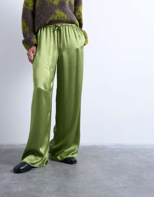 Topshop - Pantalon large en satin froissé - Vert vif, 3 de 5