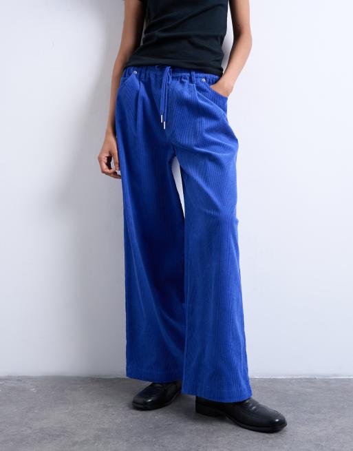 Topshop - Pantalon large en velours côtelé avec cordon de serrage - Bleu de cobalt, 3 de 5