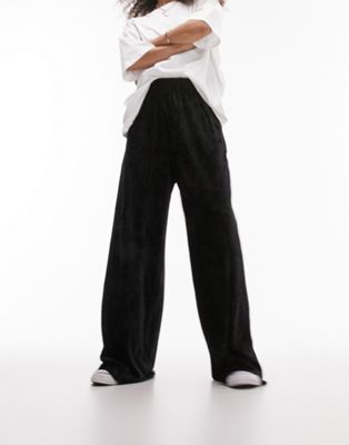 Topshop velvet plisse pull on wide leg trouser in black - ASOS Price Checker