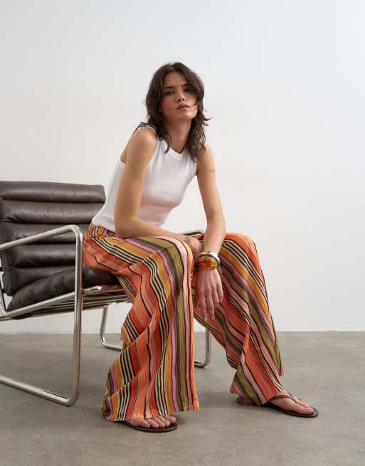 Topshop pantalon large plissé à rayures avec lien à la taille en orange