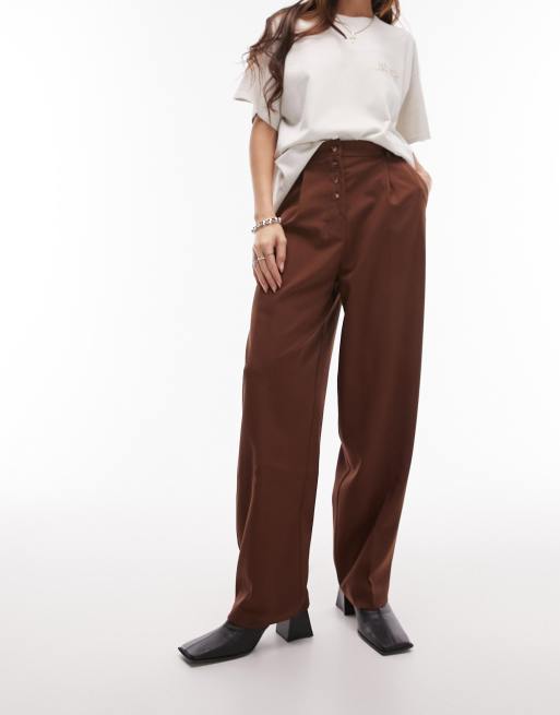 Topshop - Pantalon met gulp met knopen in bruin