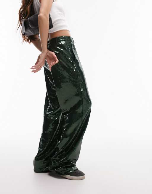 Topshop - Pantalon met lage taille, wijde pijpen en pailletten in kaki