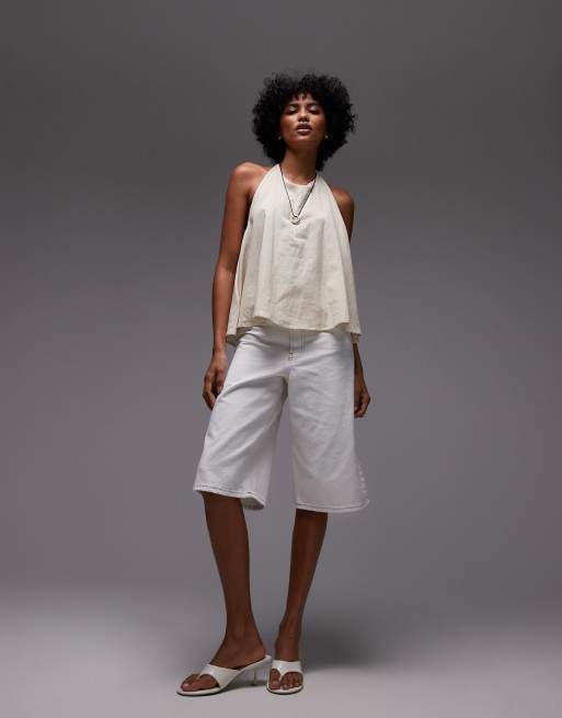 Topshop - Pantaloncini da surf in denim lavaggio color osso