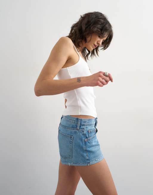 Topshop - Pantaloncini di jeans super corti blu medio, 3 di 5