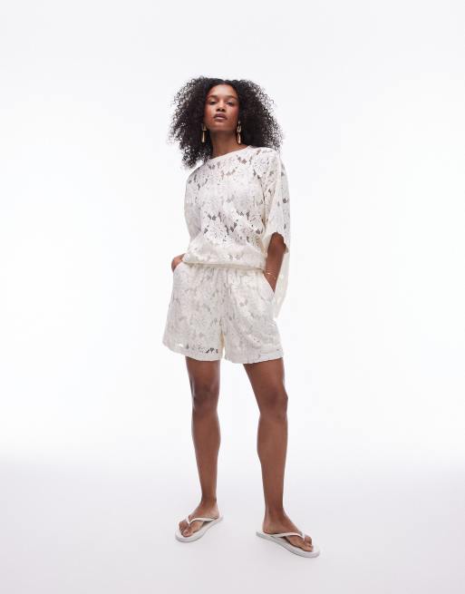 Topshop - Pantaloncini écru in pizzo in coordinato