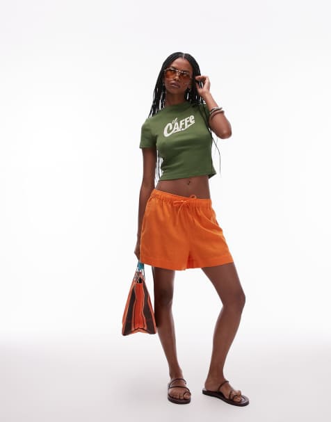 Topshop - Pantaloncini in lino arancioni a vita alta con coulisse - view 1