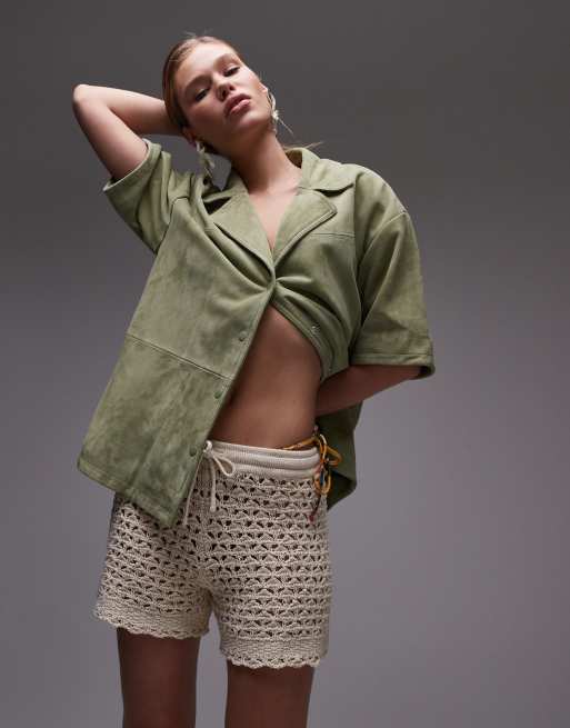 Topshop - Pantaloncini in maglia color pietra con impunture