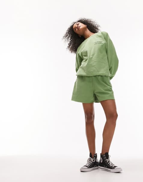 Topshop - Pantaloncini joggers verdi lavaggio vintage con orlo grezzo in coordinato - view 1